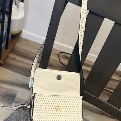 DKNY White Beige Monogram Shoulder Bag Gold Hardware Logo Detachable Strap
