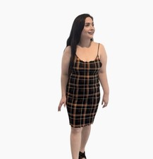 Plaid Strappy Sleeveless Bodycon Mini Dress Scoop Neck Brown Black White Peach