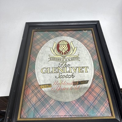 Vtg Glenlivet Scotch Whiskey Wooden Framed Mirror Bar Sign SCOTLAND 25x20 Tartan