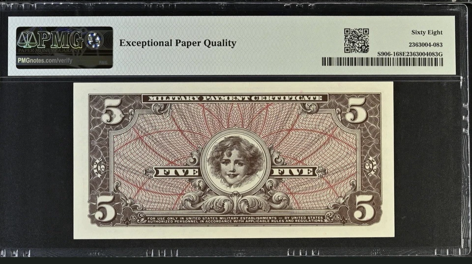 PMG 68 EPQ, TOP RATE!!!!!!!!! US MILITARY PAYMENT CERTIFICATE $5 FIRST PRINTING - Image 2 of 3