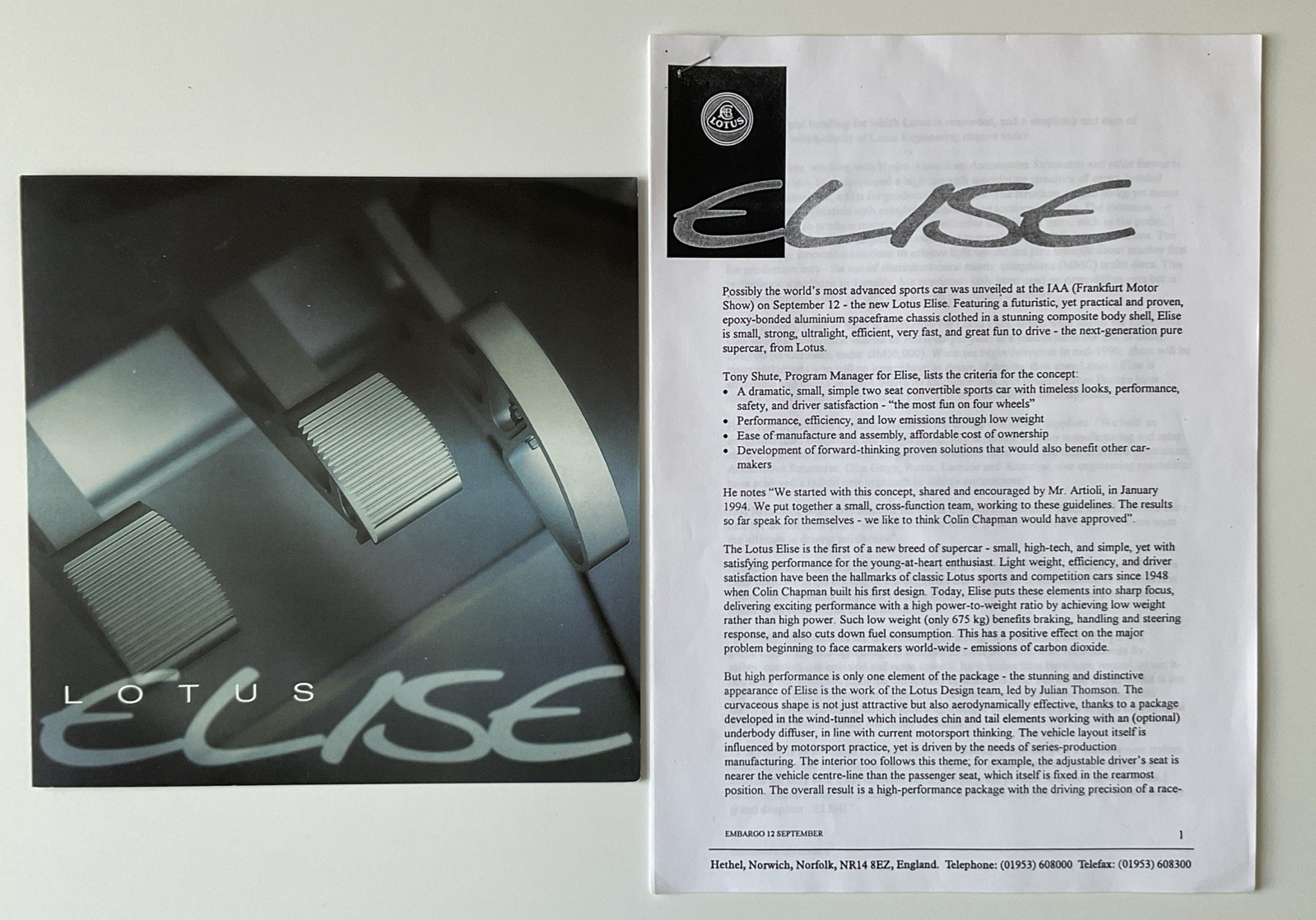 Folleto de ventas de Lotus Elise Reino Unido MKT y comunicado de prensa de lanzamiento de 1995 - RARO