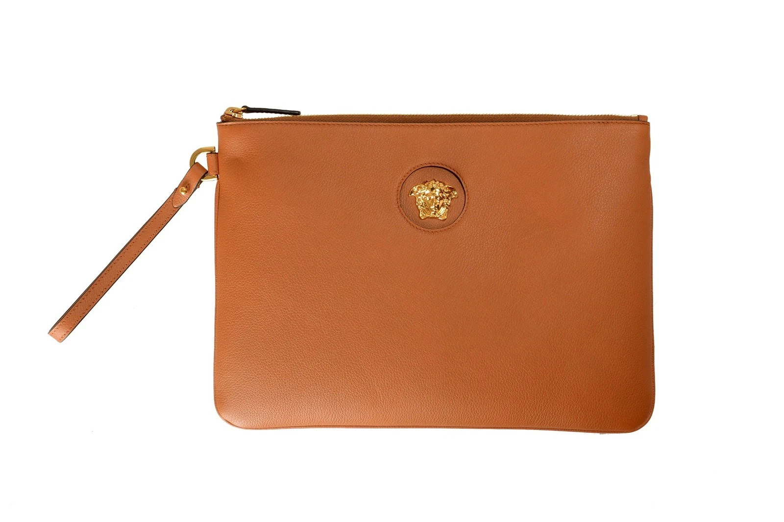 Versace — Versace Brown Gold Medusa 100% Grainy Leather Wristlet Handbag Clutch Bag