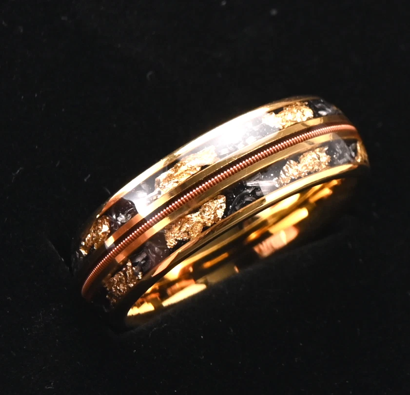 Anel de meteorito masculino folheado a ouro 18K folha de ouro carboneto de tungstênio – aliança de casamento - Imagem 2 de 4