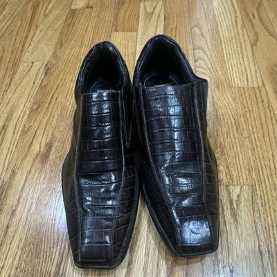 Joan Barr Men's Brown Crocodile Print Leather Slip-On Square Toe Dress Shoes