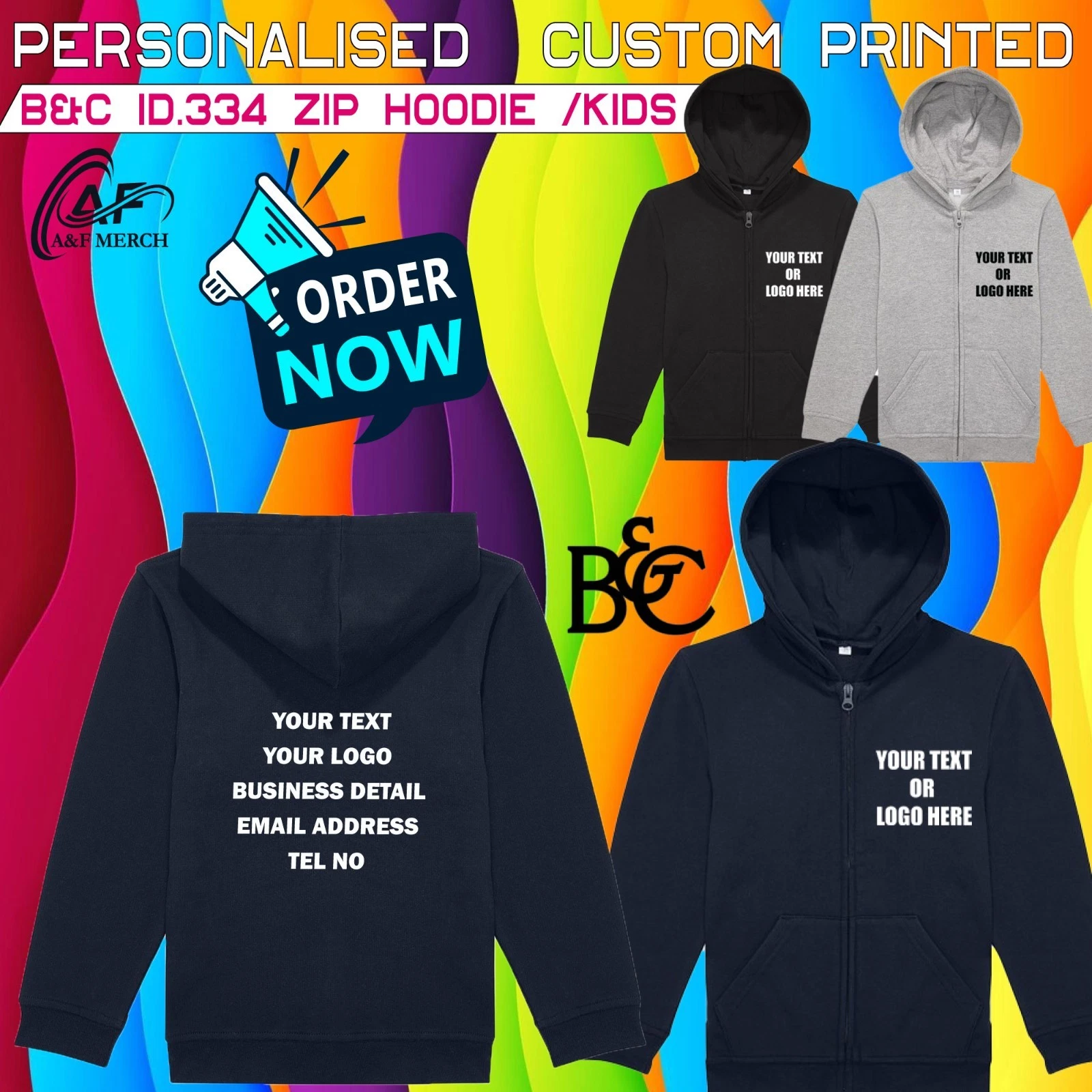 Personalised Custom B&C ID.334 Zip Up Hoodie Kids Sports Uniform Gift B432B