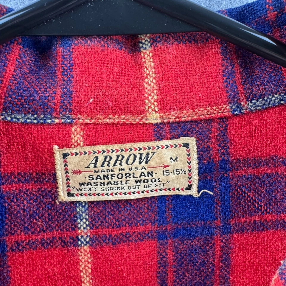 Vintage Arrow Shirt Mens Medium Loop Collar Camp Wool Flannel Sanforlan 50s 60s - Image 3 of 4