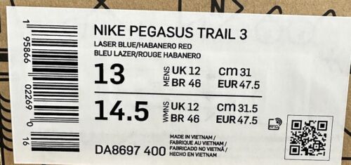 Nike Pegasus Trail 3 Para Hombres Talla 13 NUEVAS Tenis Láser Azul/Rojo Habanero DA8697 400 - Imagen 5 de 5