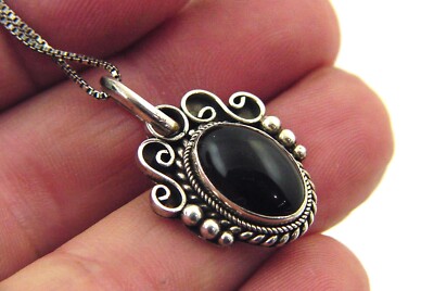 Collier Pendentif Argent Sterling .925 Avec Onyx Noir - Chaîne 20 Pouces - Style Vintage - Neuf Avec étiquette