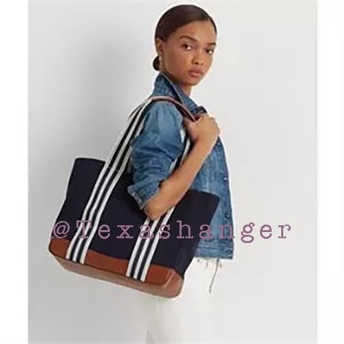 NWT Lauren Ralph Lauren Lora Stripe Detail Canvas Tote Bag Navy