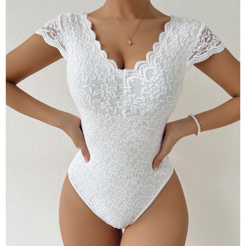 Women Lace Short Sleeve Bodysuit Tops V Neck Bodysuit Daily Basic Jumpsuits - Picture 6 of 31