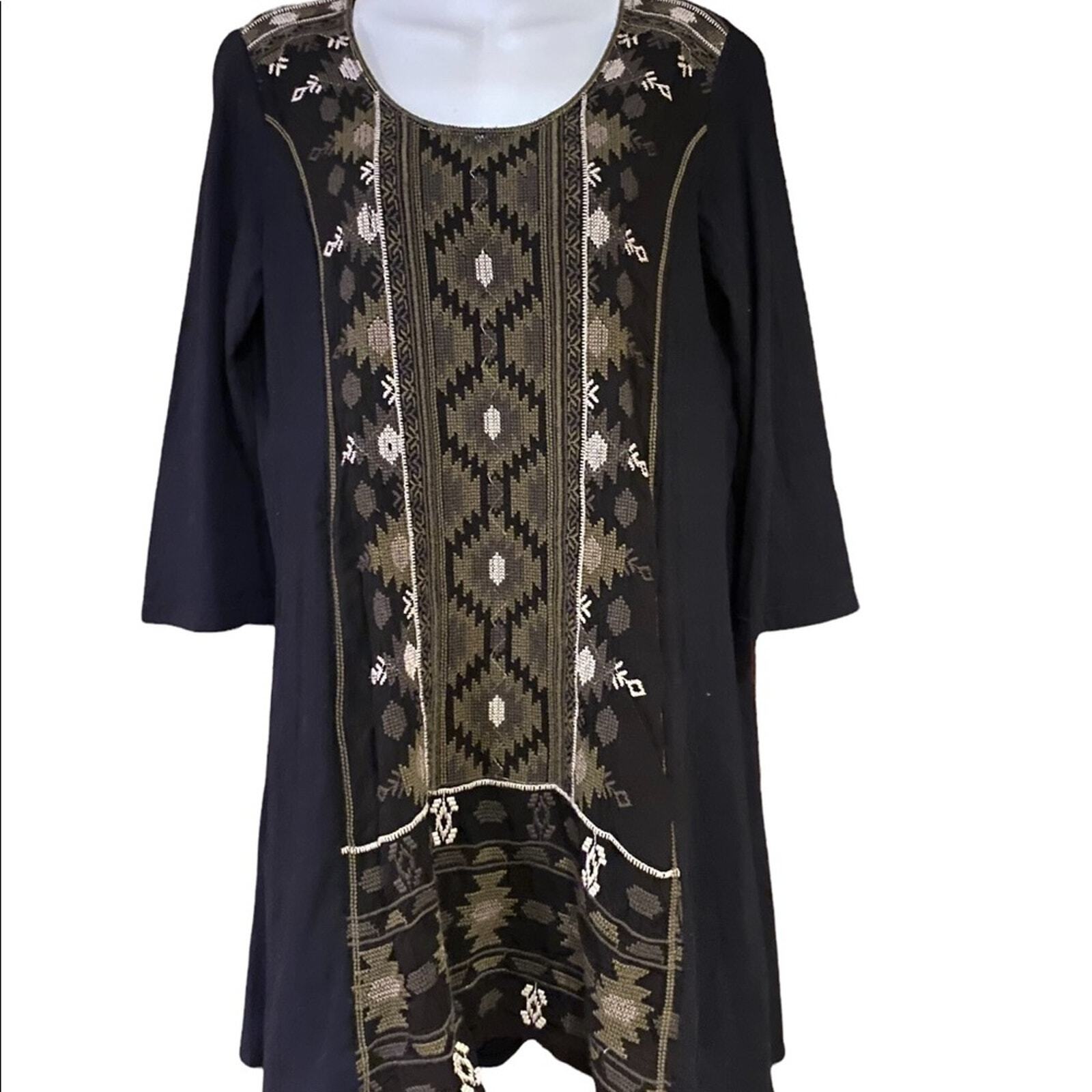 Johnny Was Black Cotton Dress with Olive Embroidered front.  Ladies size Small