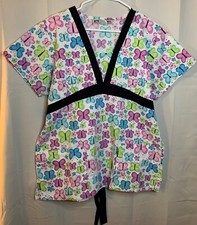 Women's Green Town Size L - White Short Sleeve Butterfly Scrub Top