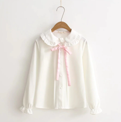White Chiffon Pink Ribbon Blouse Kawaii 