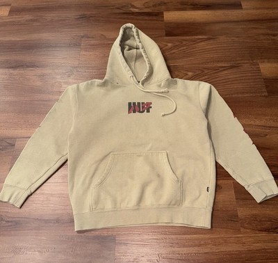 Huf Japanese Katakana Sleeve Hoodie Beige Tan Red Logo Skate Streetwear Medium