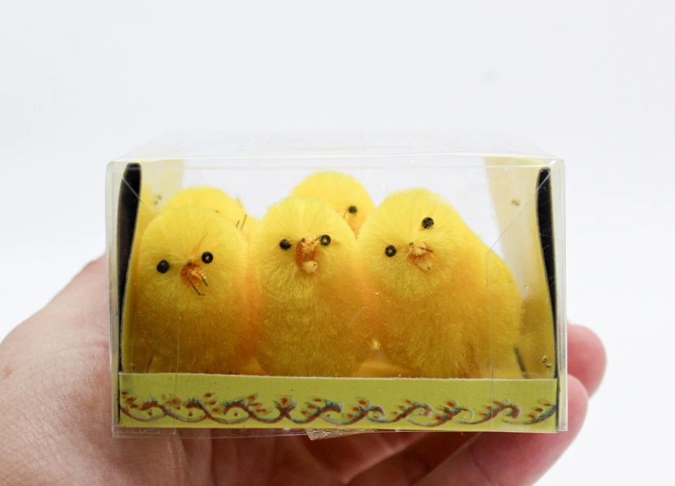Vintage Pack of 6 Furry Yellow Chicks Cake Toppers Easter Decoration in Box - Image 4 of 4