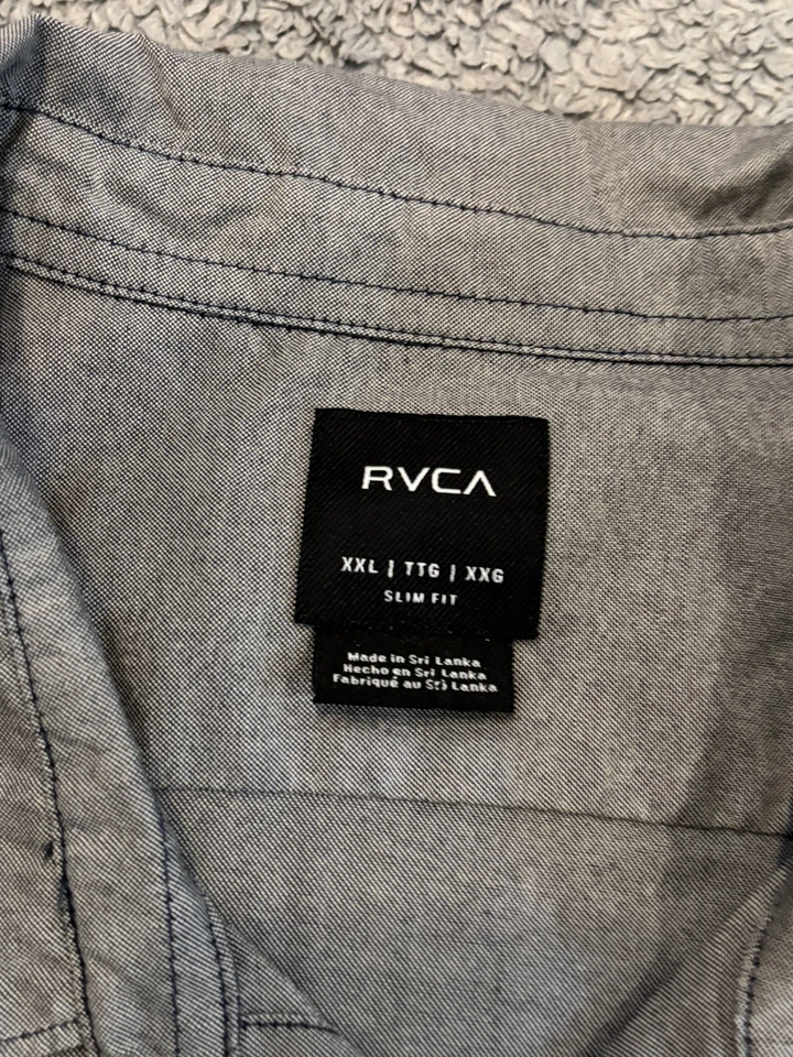 Camisa RVCA Para Hombres 2XL XXL Gris Azul Rayas Manga Corta Botón Informal Preppy Foto 2 de 4