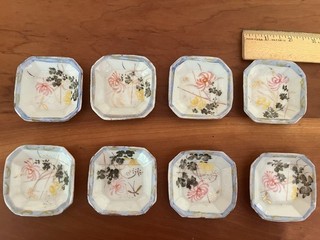 Set of 8 Hand painted porcelain Butter Pats. Asian octagon 2 1/4” Nice!