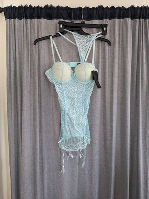 NWT Carrie Amber Intimates Large 2pc Blue Lace Bustier + Thong Babydoll Boudoir