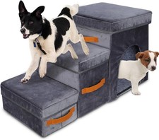 Dog Steps for Sofa Foldable Pet Stairs with Storage Box Bed Puppy Elderly - Grey