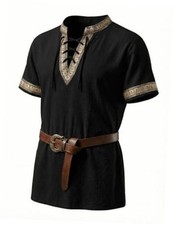 Mens Medieval Pirate Shirt Cotton Lace Up Renaissance Shirts X-Large Black