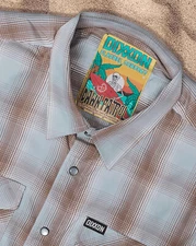 Dixxon Flannel Dawn Patrol Pearl Snap Brown Blue Plaid Bamboo Short Sleeve Shirt