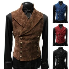 Vintage Red Suede Suit Vest Men DoubleBreasted Waistcoat SlimSleevelessSteampunk