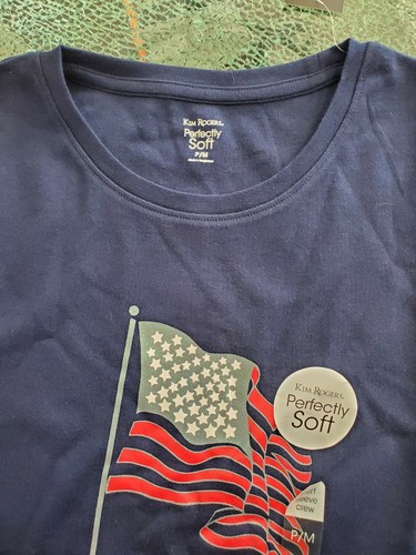 T-shirt girocollo manica corta blu perfettamente morbida Kim Rogers BANDIERA AMERICANA, P/M - Foto 6 di 6