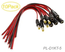 10-Pack 10" Security Camera 5.5mm/2.1mm DC Power Plugs & Jacks Pigtail Cables