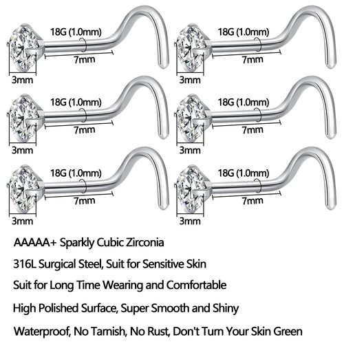 6Pcs Nose Rings Studs Corkscrew 18 Gauge Nose Piercing Jewelry Real Nose Pier... - Picture 2 of 2