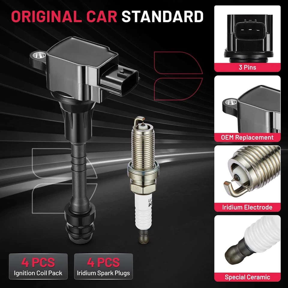 UF351 4X Ignition Coils + 4X Spark Plugs for 2001-2006 Nissan Sentra Altima 1.8L - Image 2 of 4