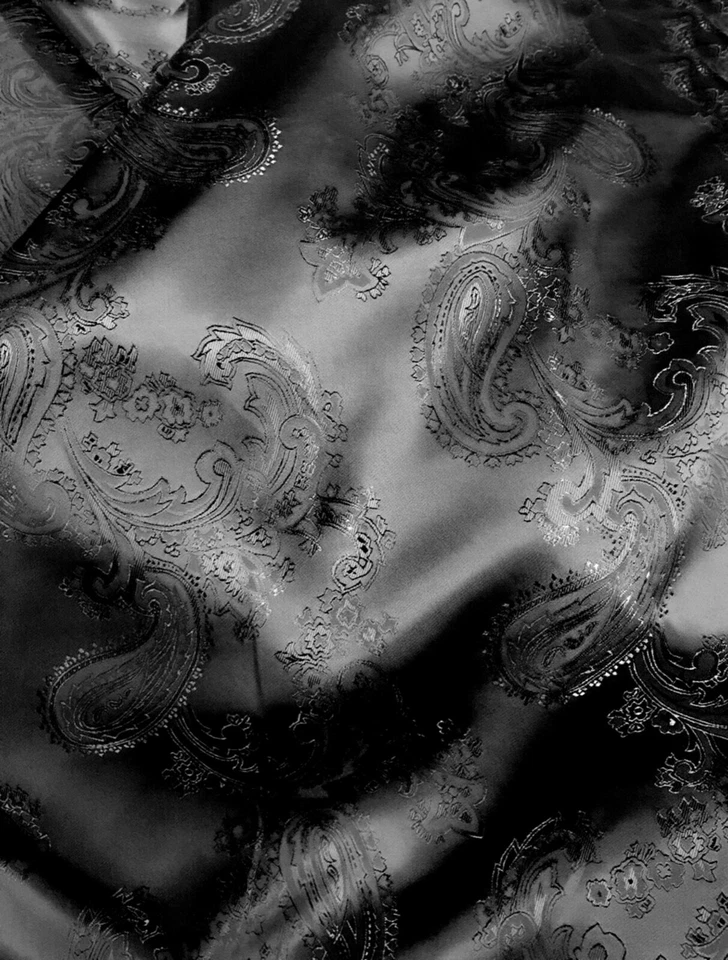 Paisley Woven Brocade NON STATIC Viscose Satin Feel Shiny 58"W Fabric - Black - Image 3 of 3