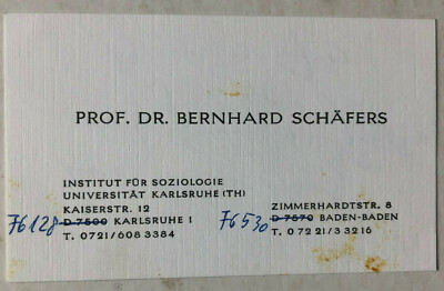 Bernhard Schäfers  - Soziologe -  signierte Visitenkarte - Größe  9 x 5 cm