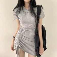 Women's Temperament Simple Round Neck Lace-up Waist Fashion Short Sleeve Dress