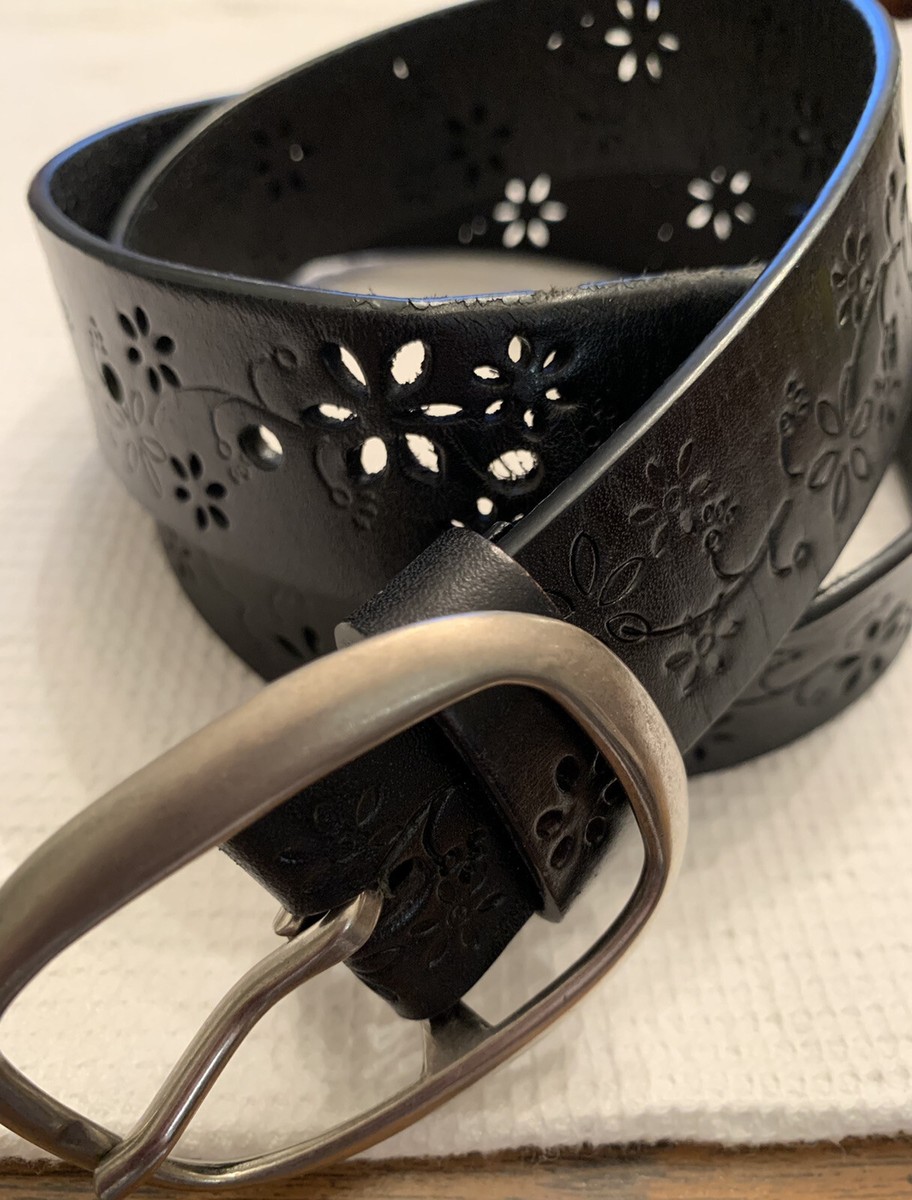 Silver l laser cut floral design, leather belt Belt Womens Black Leather Laser Cut Floral design. Silver  main image 2