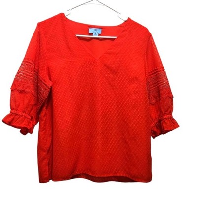 CeCe Clip Dot Puff Sleeve Top Bright True Red Lace Sleeves Office or Date Night