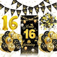 16. Geburtstag Deko Set Schwarz Gold Mit Luftballons, Banner, Girlande, Zahl 16