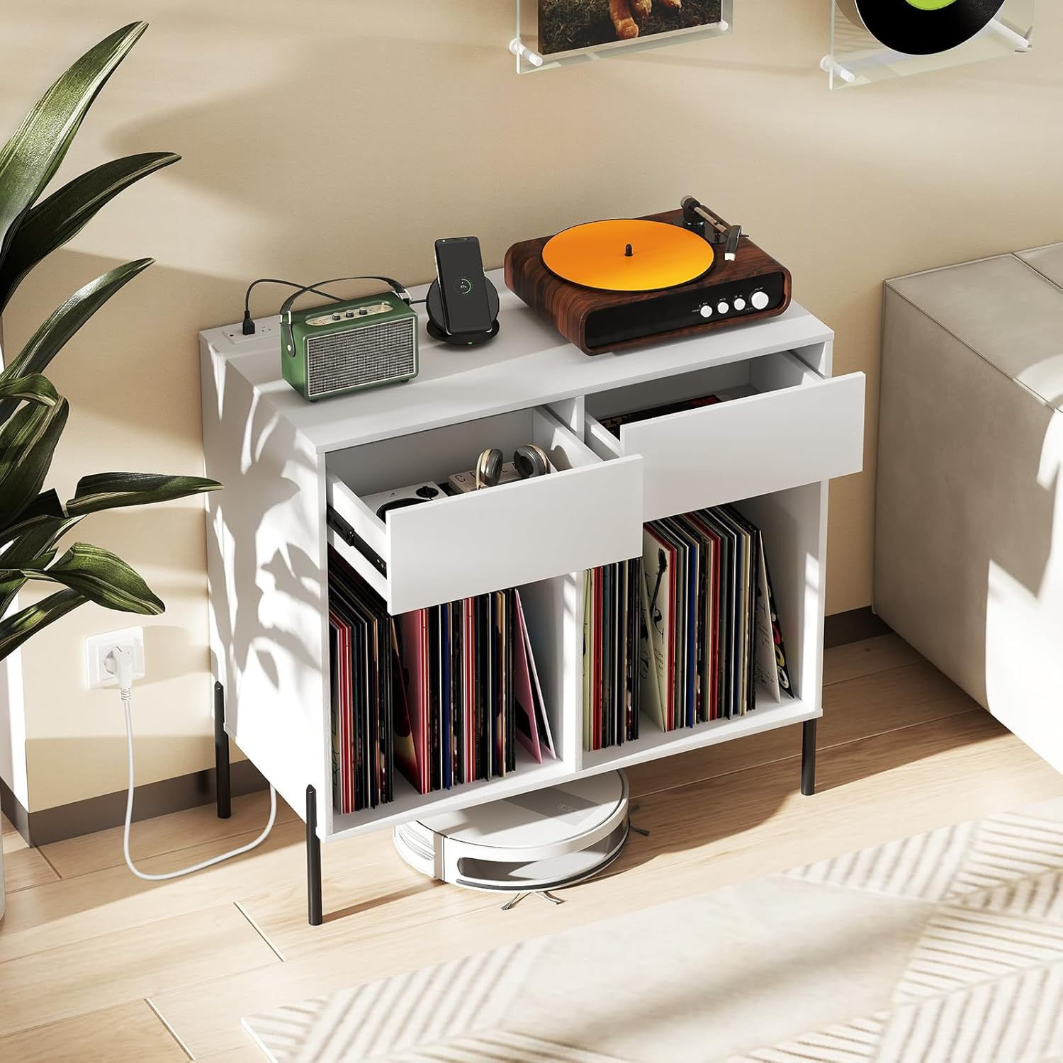 Record Player Stand Vinyl Storage Cabinet Drawers Shelves Charging Station USB C