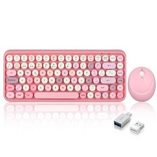 Pink Pastel Spanish QWERTY Retro Round Keys Mini Wireless Keyboard and Mouse Set