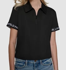 Karl Lagerfeld Paris Women's Black Logo-Tape Zipper Front Polo Top Size S