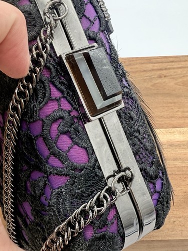 Mary Frances Aria Bag Clutch Purse Black Purple Feathers Chain Rhinestones - Picture 5 of 13