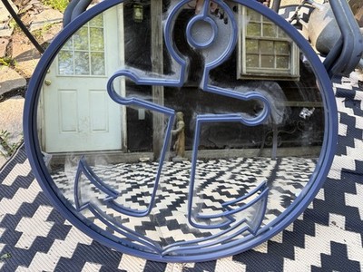 Large Pottery Barn Kids Navy Anchor Mirror Round Metal Frame Nautical 30 