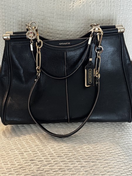 Coach Madison Caroline Satchel Black Leather Gold Hardware Purple Lining