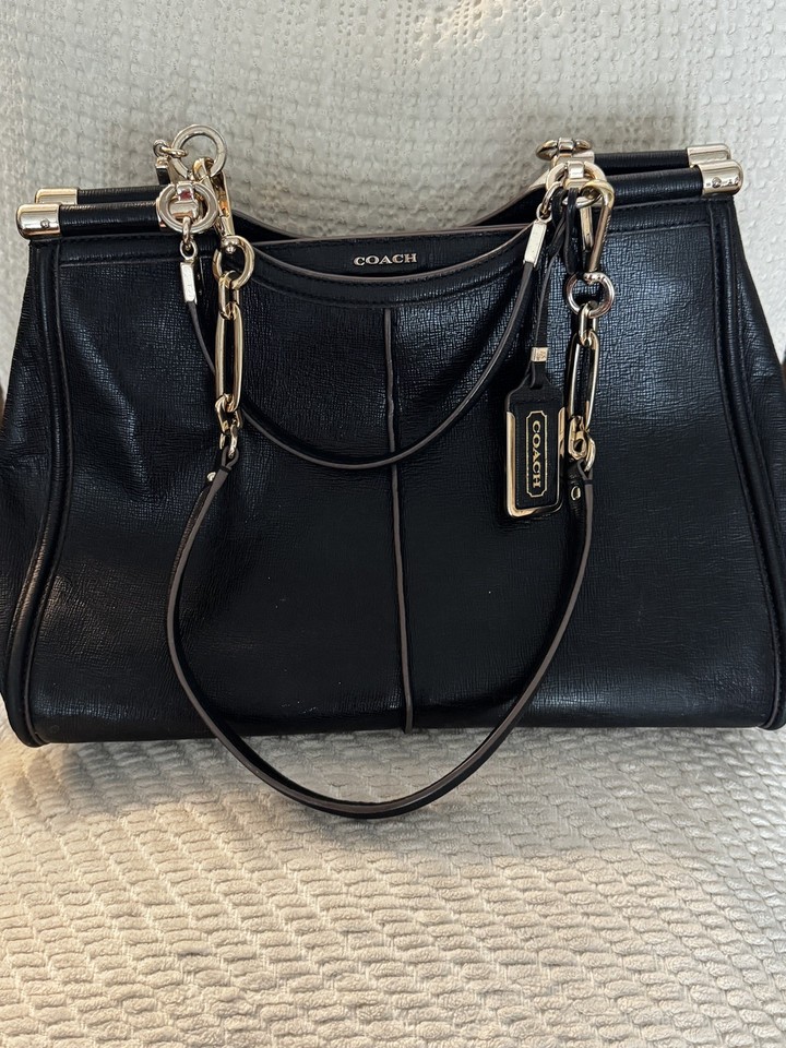 Coach Madison Caroline Satchel Black Leather Gold Hardware Purple Lining