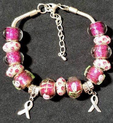 8.3'' Ribbon Silver Dangle Charm Murano Lampwork Glass Beads ~ Spacers Bracelet