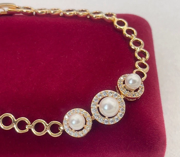 Luxus Perlen Armband Perle Zirkonia 750er Rolled Gold 18K vergoldet 18-19,5cm - Bild 2 von 4