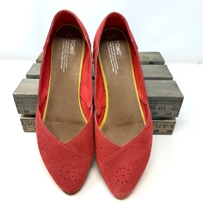 TOMS Pointed Toe Laser Cut Suede Flats In Red Size 12 - Image 1 of 4