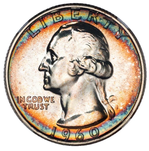 1960 Washington Silver Quarter NGC PF67 QA Sticker Rainbow Toned Album Toning