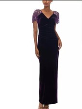 Xscape Womens Velvet V Shaped Short Sleeve Evening Dress Gown Size 12 New/tags