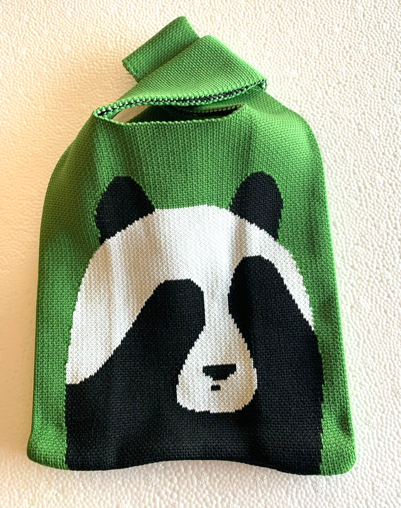 Eco-Friendly Heavy Knit Green Tote Bag with Cute Black White Panda Print Spacious NEW