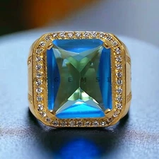 Aquamarine Gemstone With 925 Sterling Silver Gold Plated Ring For Men's #AL175